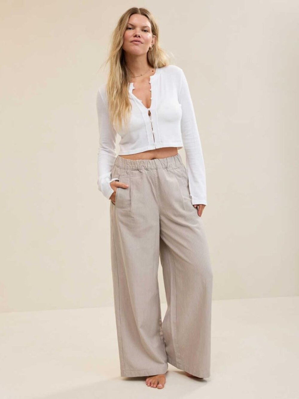 Aerie Wide Leg Stripe Cotton and Lyocell Blend Trouser Size XS NWT